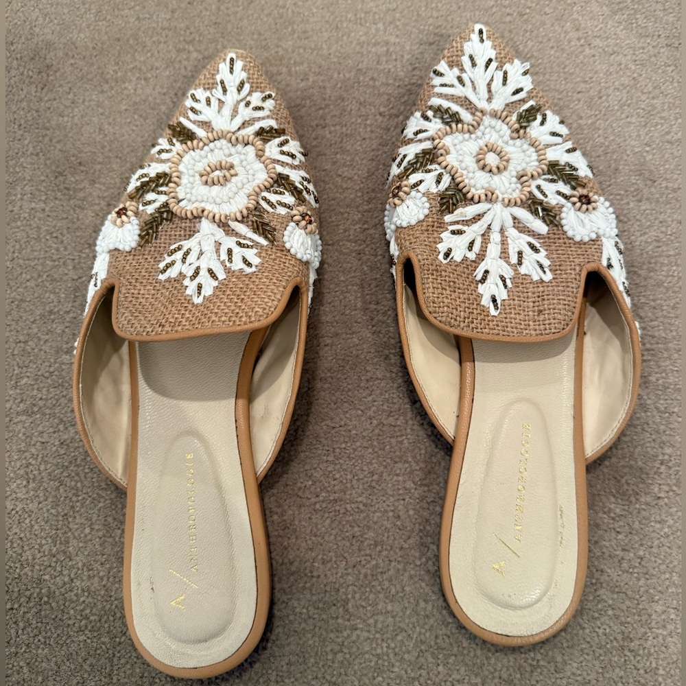 Anthropologie Brown Mules with White Embroidery